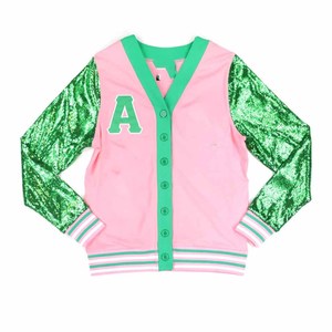 อัลฟ่า |   คาปา |   เสื้อคาร์ดิแกนปักเลื่อม Alpha AKA Sorority- สำหรับผู้หญิง- สีชมพู/เขียว เสื้อแจ็คเก็ตแฟชั่นผู้หญิง ดีไซน์ปักลาย เสื้อสเวตเตอร์ลำลอง - Product Image 1