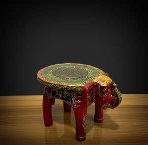 Tabouret en bois artisanal en forme d'éléphant avec dessus en feuille de laiton embossée |   Table d'appoint moderne peinte à la main pour plantes, style Rajasthan, pour la maison ou le bureau - Product Image 6