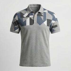 Polo à manches courtes pour homme, imprimé géométrique, décontracté, respirant, tricoté, 100% polyester, coupe classique, gris bleu - Product Image 1