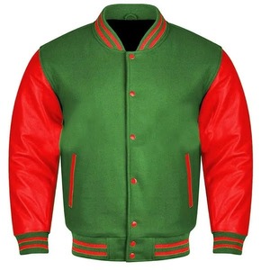 Veste de sport verte pour homme, manches en PU rouge, col rabattu, fermeture à boutons, vêtement décontracté d'automne, coupe classique, couleur unie - Product Image 1