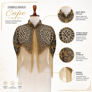 Capa de malla bordada de lujo para mujer con cuentas de perlas y flecos dorados, chal de noche nupcial de cuello alto a la moda - Product Image 6