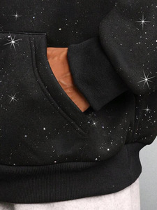 Sudadera con capucha para hombre con pedrería negra, hombros caídos, de algodón polar, estilo urbano, peso pesado, fabricante de marca privada - Product Image 3