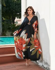 Floral V Neck Maxi Abaya <b>Dress</b> Batwing Sleeve <b>Loose</b> Fit Beaded Slit Hem Women's Summer Wedding Elegant Quick Dry Breathable - Product Image 2
