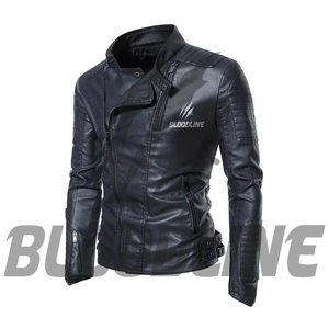 BLOODLINE Men's Black PU Leather Moto <b>Biker</b> <b>Jacket</b> Slim Fit Zipper Closure Stand Collar Autumn Wear - Product Image 1
