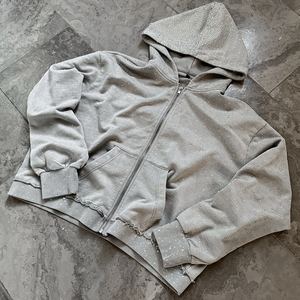 Men Custom Boxy Fit <b>Cropped</b> Diamond Acid Wash Sun Faded 480 Gsm Heavyweight <b>Zip</b> <b>Up</b> <b>Hoodie</b> Rhinestone Men's Hoodies - Product Image 3
