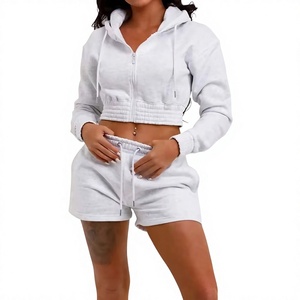 Women 2 Piece Hooded Crop <b>Sweatshirt</b> <b>Shorts</b> Set Solid Color Full <b>Sleeve</b> Casual Spring Summer Outfit Breathable Knitted Cotton - Product Image 1