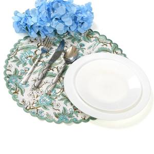 Elegant Handmade High Quality <b>Round</b> Fabric <b>Placemat</b> With Floral Pattern Scalloped Edge Oriental Design Reusable Table Mat - Product Image 3