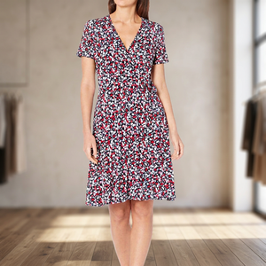 Robe d'été décontractée pour femme, col en V, imprimé floral, coupe trapèze, longueur genou, manches courtes, en polyester tissé - Product Image 2