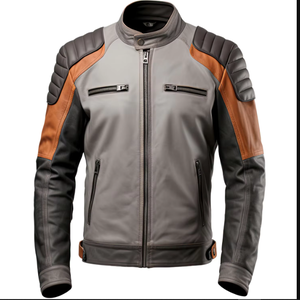 Custom <b>Mens</b> Winter Grey <b>Brown</b> Genuine <b>Leather</b> Canvas Eco-Friendly Windproof Quick-Dry Stand Collar Motorbike Rider Slim <b>Jacket</b> - Product Image 5