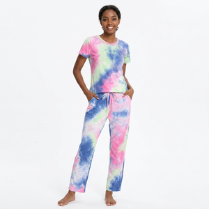 Conjunto de pijama de algodón con efecto tie-dye para mujer, manga corta, cuello redondo, pantalones largos con cordón y bolsillos laterales, ropa informal de verano - Product Image 4