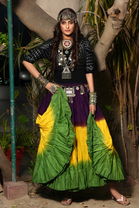 Ethnic Boho <b>Tie</b> Dye Print Layered Maxi Skirt Yellow to Green with <b>Purple</b> Festival Flowy Skirt Women Full Length Skirt - Product Image 2