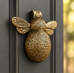 Timbre de puerta Honeybee en bronce texturizado en tono dorado con alas con vetas detalladas y cuerpo redondeado para puertas de entrada distintivas - Product Image 2