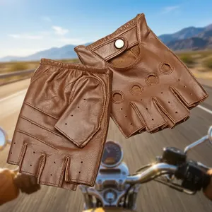 Gants de conduite élégants unisexes en cuir marron à demi-doigts, respirants, compatibles, antidérapants pour les activités de plein air - Product Image 6