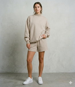 <b>Layered</b> Mock Neck <b>Top</b> And Shorts Set For Women Relaxed Motion Fashion Clothing Wear Style - Product Image 1