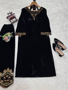 Conjunto de Salwar Kameez de Terciopelo para Mujer, Bordado con Lentejuelas, Cuello en V, Traje Pakistaní Indio, Ropa para Bodas y Fiestas - Product Image 6