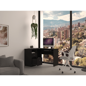 DEPOT-Escritorio de ordenador en forma de L, color negro, con bandeja para teclado, dos cajones, una estantería abierta, serie Idra, para hombre y mujer, - Product Image 2