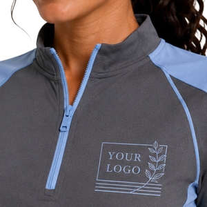 Conjunto deportivo de camiseta y pantalones cortos para mujer, gris y azul claro, con media cremallera, de secado rápido, manga corta, para fitness, gimnasio, correr, personalizado. - Product Image 6