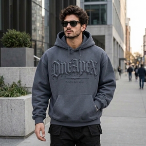Sweat à capuche oversize gris foncé gaufré pour homme, style streetwear, avec logo frontal, vente en gros - Product Image 4