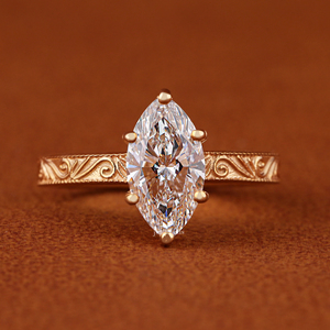 IGI Certified Marquise Cut Lab Grown Diamond Engagement <b>Ring</b> Vintage Engraved Solitaire 14k Solid Gold Wedding <b>Ring</b> - Product Image 1