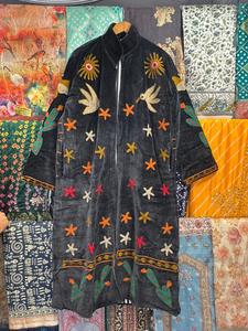 Black Embroidered Velvet Kimono Coat Handcrafted Long <b>Duster</b> Jacket Boho Statement Outerwear Festival Wear Summer 100% Cotton - Product Image 5