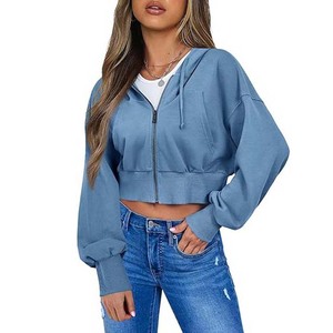 High Quality Women's <b>Winter</b> Pullover Sport Knitted 100% Cotton Eco-Friendly Hooded Crop <b>Top</b> Loose Solid Front Windproof Long - Product Image 5