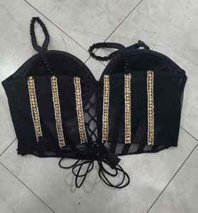 Luxury <b>Black</b> Rhinestone Beaded <b>Corset</b> Top with Structured Cups - Product Image 2