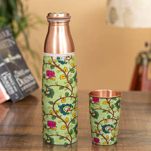 Botella de Agua de Cobre con Diseño Floral y Taza a Juego, Portátil para Viajes, Diseño con Patrón Verde - Product Image 6