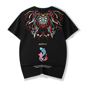 Camiseta Oversize de Hombre Miracle Bordada, Manga Corta, Cuello Redondo, Estilo Urbano, Algodón Negro Transpirable con Patrón Trasero - Product Image 6