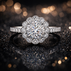 Anillo de Compromiso de Lujo con Halo Floral de Diamantes Redondos, Chapado en Oro de 14k, Aleación de Oro Blanco - Product Image 1