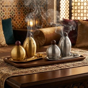 Quemador de incienso de metal minimalista de lujo con diseño árabe, soporte para incienso Oud con bandeja y pinzas, diseño de bola para decoración del hogar en el Medio Oriente. - Product Image 1