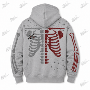 SALSTAR Men's Gray Hooded Zip-Up Sweatshirt <b>Skeleton</b> Print Fleece Casual Winter Streetwear - Product Image 4
