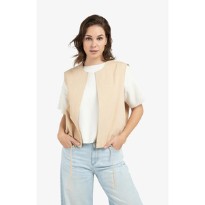Gilet sans manches beige pour femme, col sans revers, couleur unie, tissu tissé, style minimaliste, vêtement d'extérieur, longueur normale - Product Image 1