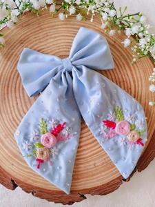 Fabric Hair <b>Bow</b> Ribbon with Christmas Embroidery Long Tail Hair Accessory for Girls Holiday Party Wear <b>Clip</b> Bulk - Product Image 2