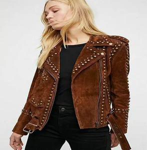 <b>Women's</b> Brown <b>Suede</b> Moto <b>Jacket</b> With Rivet Details Turn-Down Collar Zipper Closure Full Sleeve Autumn Style - Product Image 4