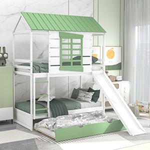Letto a castello bianco e verde per bambini con scivolo convertibile e letto estraibile - Product Image 1
