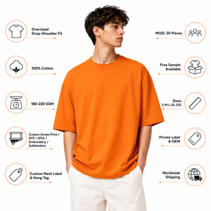 เสื้อยืดคอกลมแขนสั้นทรงโอเวอร์ไซส์สำหรับผู้ชาย สีส้ม ผ้าฝ้ายเจอร์ซีย์ สีพื้น ทอแบบเรียบ ใส่สบาย - Product Image 3