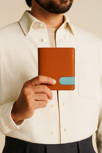 Luxury Slim Bifold <b>Leather</b> <b>Wallet</b> for <b>Men</b> Light Brown with Blue Accent RFID Blocking Handmade OEM ODM Available WRIZA - Product Image 2