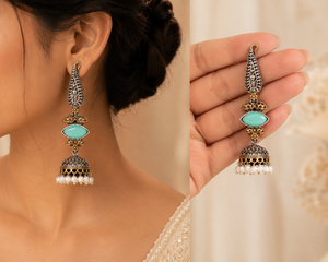 Pendientes de boda bohemios de latón con diseño de última moda, chapados en oro y plata oxidada, con piedra verde Monalisa, estilo indio Jhumka, para mujer, 21.5G |   Al por Mayor - Product Image 3