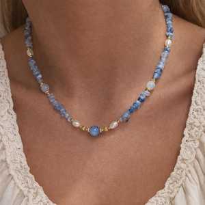 Aquamarine Beaded <b>Necklace</b> With Freshwater Pearl 22K Gold Plated Layered Blue Gemstone Minimalist <b>Necklace</b> - Product Image 4