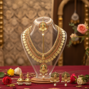 Kerala Antique Coin Style 18K Gold Plated Oxidized Polish Imitation <b>Pearl</b> Women's <b>Necklace</b> and Earring <b>Set</b> for Wedding - Product Image 3