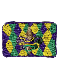 Mini sac à monnaie en perles et sequins, motif fleur de lys et pompon, pour le Mardi Gras, Good Times Roll, d'Inde - Product Image 3