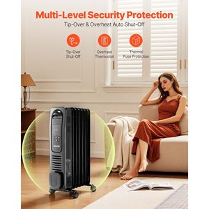 1500W Electric Oil-Filled <b>Radiator</b> LED <b>Screen</b> Space Heater with Over-Heat Protections 24h Timer Portable Cast Handle Home Heater - Product Image 4