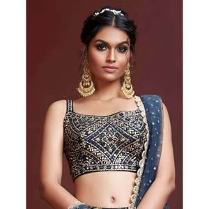 <b>Plus</b> <b>Size</b> Blue Printed Silk Lehenga Choli for Engagement Wear - Product Image 4