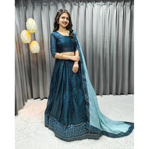 TENDANCE GEORGETTE BRODERIE MUKESH TRAVAIL LEHENGA CHOILI AVEC DUPATTA SARCELLE - Product Image 2