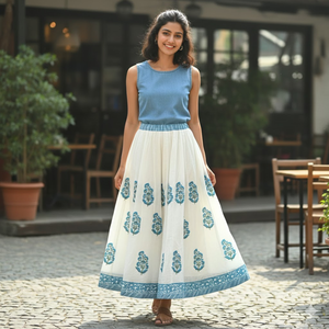 กระโปรงผ้าฝ้าย 36 คามีลี งานฝีมือพิมพ์ลายด้วยมือสำหรับผู้หญิง ทรงบานยาว พร้อมซับในลายดอกแอสเตอร์ แต่งขอบด้วยผ้าตัดเย็บแบบต่างสี ดีไซน์แบบเดรส - Product Image 2