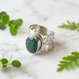 Bague en argent sterling 925 avec quartz vert, style vintage fait main, pierre précieuse ovale, bague statement pour homme et femme - Product Image 2