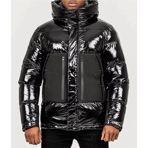 Custom Men's Glossy Hooded Puffer <b>Jacket</b> Full Zip Insulated <b>Winter</b> Coat Warm Lightweight Brown Black Premium <b>Leather</b> Streetwear - Product Image 4