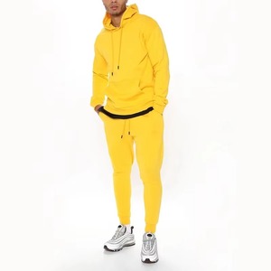 Conjunto de Sudadera con Capucha Amarilla y Pantalones Deportivos para Hombre, Estilo Casual, Color Sólido, Tejido de Felpa, Ropa de Otoño - Product Image 4