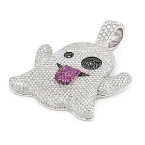 จี้รูปผีประดับเพชรแบบ Iced Out ลายการ์ตูน ลิ้นสีชมพู ตาสีดำ เครื่องประดับฮิปฮอป สีเงิน งานสั่งทำพิเศษ - Product Image 2