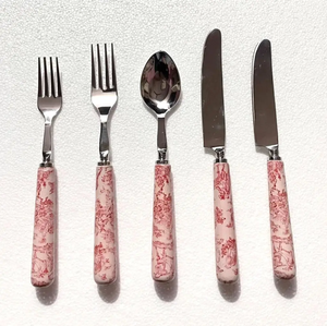 <b>Vintage</b> Metal Flatware Set With Pink Toile Handles Dishwasher Safe <b>Cutlery</b> For Wedding - Product Image 1